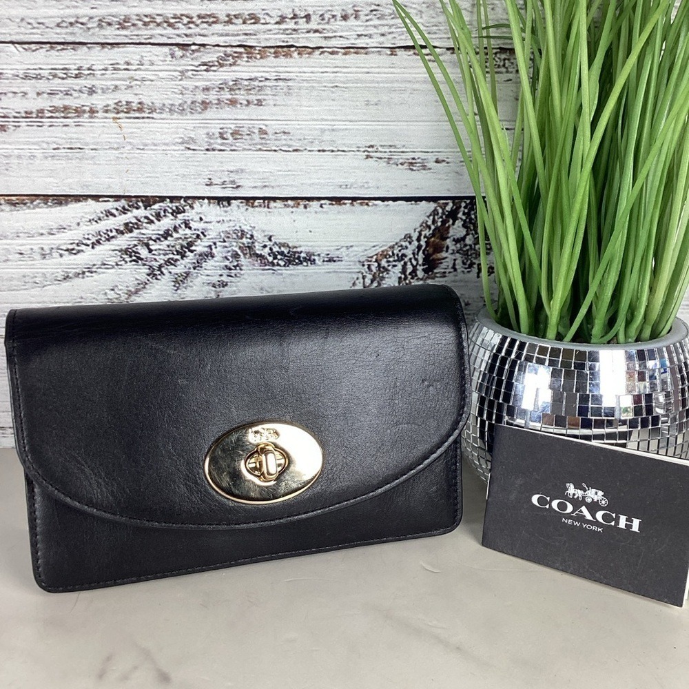 Coach #53277 Black Soft Leather Clutch Wallet with Gold Chain - Picture 3 of 10
